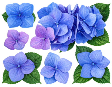 Blue Hydrangea Bloom with Fresh Green Leaves