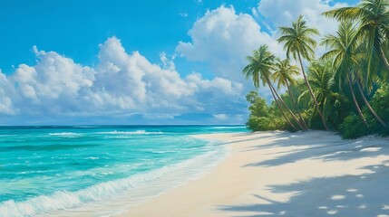 Serene Tropical Beach: Sunlit Sands, Palm Trees, and Azure Waters