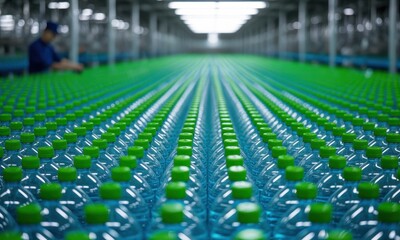 Obraz premium Long rows of clear plastic water bottles with green caps on a factory production line