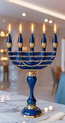 Fototapeta premium Elegant blue menorah with five lit candles, set on a marble table in a modern dining room