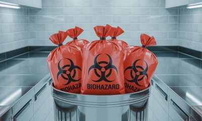 Bright red biohazard waste bags with black symbols neatly placed in a metal bin