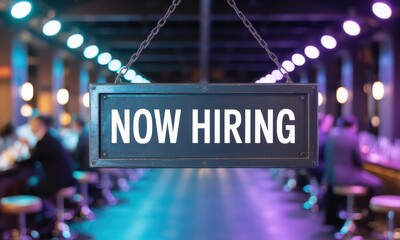 Prominent now hiring sign displayed in a modern bar or restaurant setting