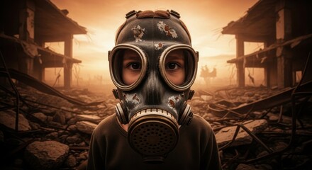 Child in a protective gas mask amidst the desolate ruins of a post apocalyptic city