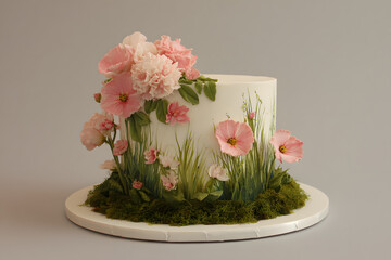 a cake with flowers and moss on a plate