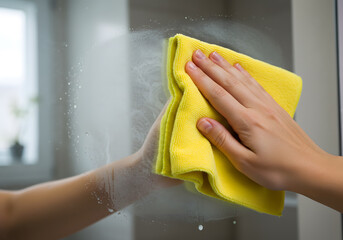 Hands cleaning mirror with yellow cloth