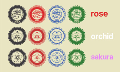 Vector set of badges, round icons. Collection of floral bank color seals. Flowers rose, orchid and sakura