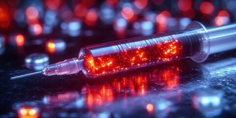 Close-up of a syringe containing a vibrant, glowing red liquid, ready for injection.