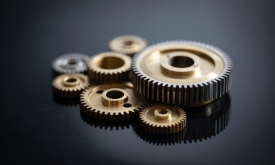 Intricate metal gears, brass and polished steel, forming a complex mechanism