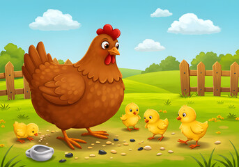 Hen and chicks in sunny field