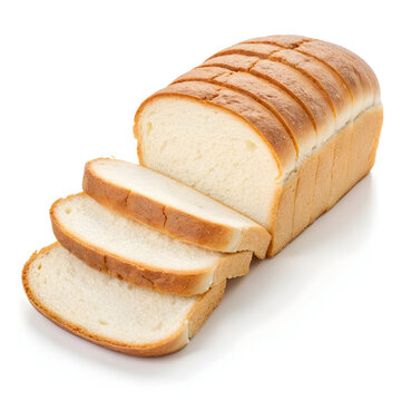 Fresh loaf of sliced white bread, isolated on white background soft, airy slices perfect for sandwiches, breakfast,