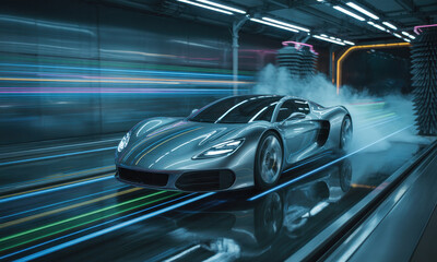 Obraz premium Futuristic silver sports car in high tech automated car wash with laser beams