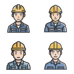 Four illustrations depict construction workers wearing safety helmets and uniforms. Each character showcases different expressions and actions common on construction sites.