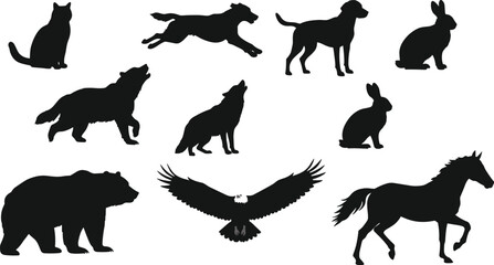 Animal silhouettes collection including wolf, bear, cat, dog, rabbit, horse and eagle, wildlife vector set for design and illustration