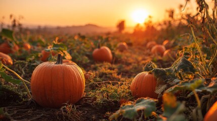 Pumpkins growing in a field at sunset during autumn season  