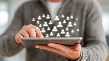 Digital Connection: Captivating image of a person using a tablet, a symbol of online presence with multiple user icons. Capturing the essence of the online world, connecting people Generative Ai