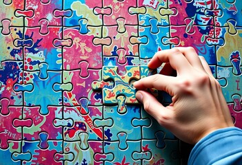 Hand carefully placing final jigsaw puzzle piece into its place, final piece, texture