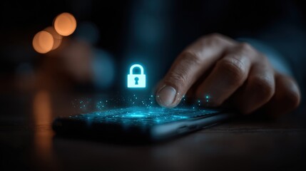 A close-up view of a hand interacting with a smartphone screen, a glowing padlock icon highlighting the concept of digital security. ..Created with Generative AI, not depicting real subjects.