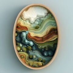 3d fluid landscape within an oval frame, rendered in earthy tones of green and brown with hints of blue, showcasing the natural flow between elements