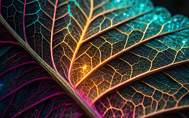 A close up of a leaf with glowing veins and colorful highlights on a dark background texture design