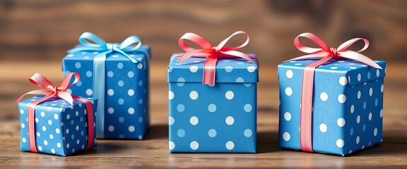 Fototapeta premium Small, medium, large blue polka dot gift boxes tied with ribbon, dots, cheerful