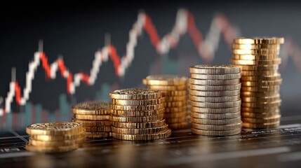 Stacked coins against the backdrop of a financial graph, symbolizing the power of compound growth and investment success. ..Created with Generative AI, not depicting real subjects.
