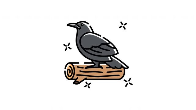 crow cartoon motion shows, black crow perched animated a top a brown log.