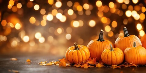 A cozy autumn scene featuring vibrant orange pumpkins surrounded by fallen leaves and a softly glowing bokeh background.