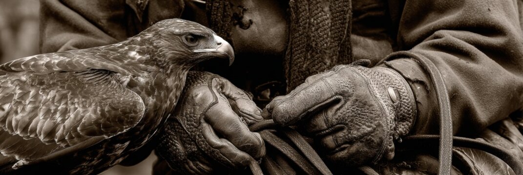 Hawk Perched on Falconers Arm During a Winter Training Session in a Forested Area Showcasing Traditional Bird Handling Techniques
