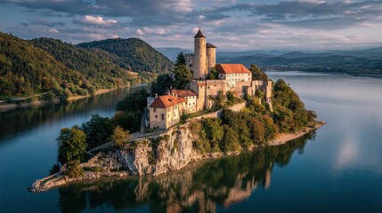"Medieval Castle on Hilltop Overlooking Serene Lake and Forested Mountains"