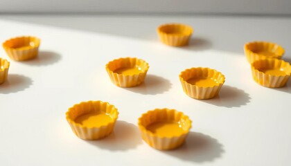 Miniature empty tart shells arranged on a pristine white surface,  brown,  pastry