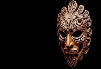 Intricate carved wooden mask, stark black backdrop, wood, shadow play