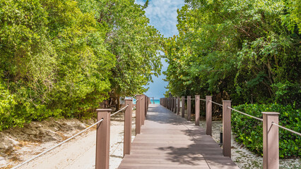 A boardwalk with rope railings leads to the beach. Lush green tropical vegetation on the roadsides. Turquoise ocean ahead. The blue sky. Cuba. Varadero. Resort. Hotel