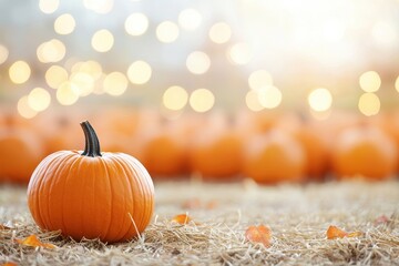 A vibrant pumpkin sits on hay, surrounded by a blurred background of glowing lights, capturing the essence of autumn.