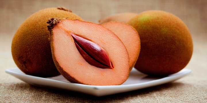Sapodilla fruit, cut open to reveal its fleshy inside and seed on a white plate, ready to eat.