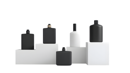 Minimalist perfume bottles display, isolated on transparent background