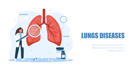 Lungs diseases. Pulmonologist concept. Female doctor with large magnifier examines internal organs. Vector illustration in flat cartoon style.