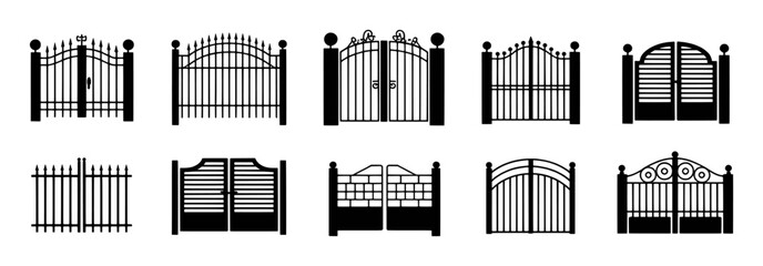 Collection of Black Silhouette Gates and Fences in Various Designs