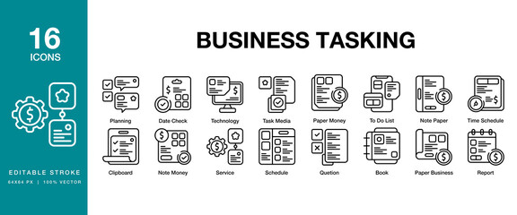 Business Tasking icon set. Includes business, task, management, work, project, and More. Editable Stroke Icon Collection.