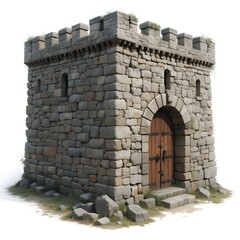 Medieval stone tower isolated on white background, a fortress of old times