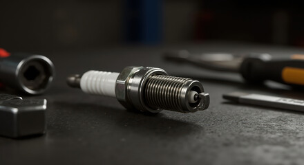 New automotive spark plug on a dark workbench in a garage. Car engine maintenance, repair, and service concept. Close-up of auto parts and tools.