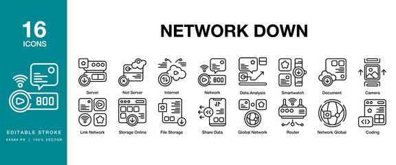 Network Down icon set. Includes network, down, internet, web, technology, and More. Editable Stroke Icon Collection.