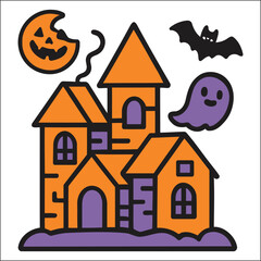 Spooky haunted house with moon ghost and bat for halloween celebrations