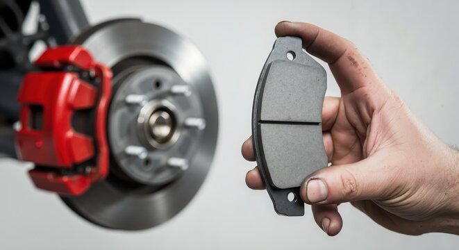 Mechanic holding a new car brake pad before replacement. Auto repair service and vehicle maintenance. Close-up of a disc brake system with a red caliper.