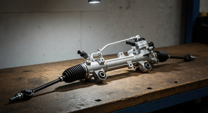 New automotive power steering rack on a workshop workbench. Car part for vehicle repair and maintenance. Automotive service and replacement component.
