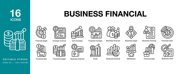 Business Financial icon set. Includes financial, business, investment, growth, data, and More. Editable Stroke Icon Collection.