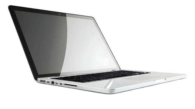 Silver laptop, side view, isolated on transparent background