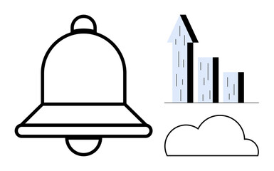 Notification bell, upward bar chart, and cloud illustration. Ideal for technology, business, growth, updates, cloud computing, progress tracking simple landing page