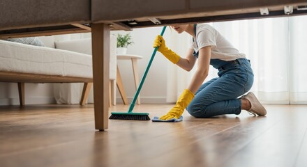 Woman in yellow gloves cleaning the wooden floor under furniture. Housekeeper sweeping with a broom during domestic chores. Home cleaning service concept.