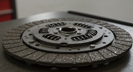 Automotive clutch disc on a metal workbench. Car transmission spare part for vehicle repair and maintenance. Mechanic service concept.