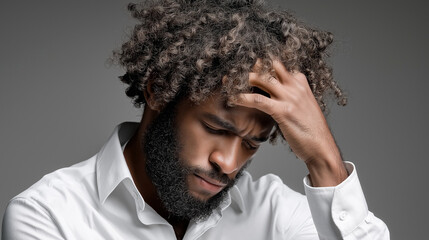 Contemplative Thought: A close-up portrait of a man, hand on head, reveals a moment of introspection and deep thought against a simple backdrop.